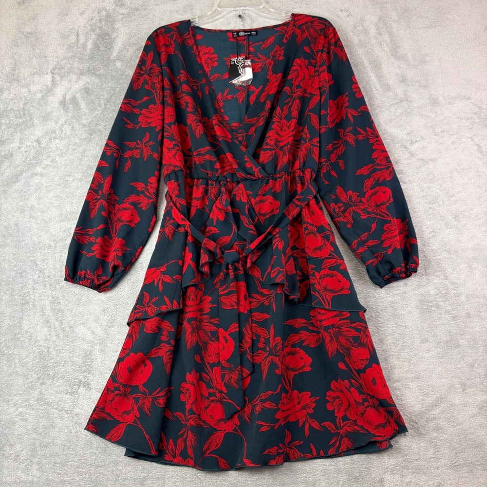Uguest XL Red Black Floral Mini Dress Wrap V-Neck Ruffle Tiered Long Sleeve New